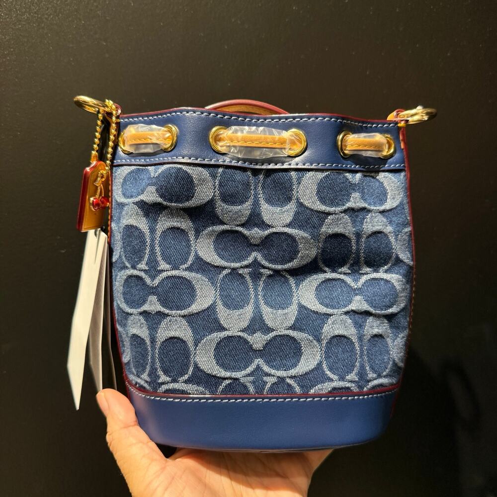 Coach Blue Denim Signature Drawstring Crossbody Bag with Tan Trim - Picture 4 of 12